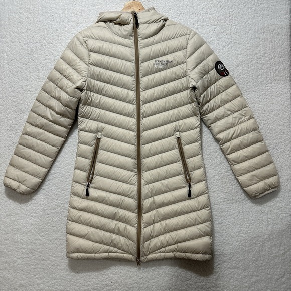 Scandinavian‎ Explorer Down Jacket Ivory Ultra LightQuilted Puffer Hoody Sz S